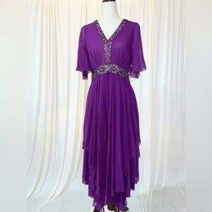 Marchesa Purple Fuchsia Beaded Silk Midi Dress